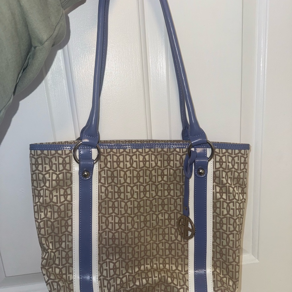 Gianni Bini Tan Monogram Tote with Blue and White Trim